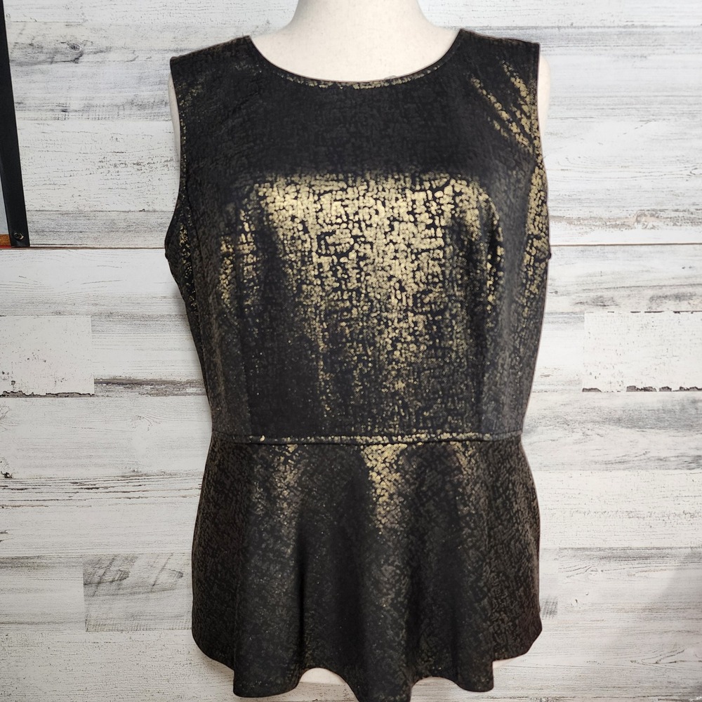 Alfani Peplum Top Women Large Black Gold Metallic Foil Sleeveless Zip Back Party